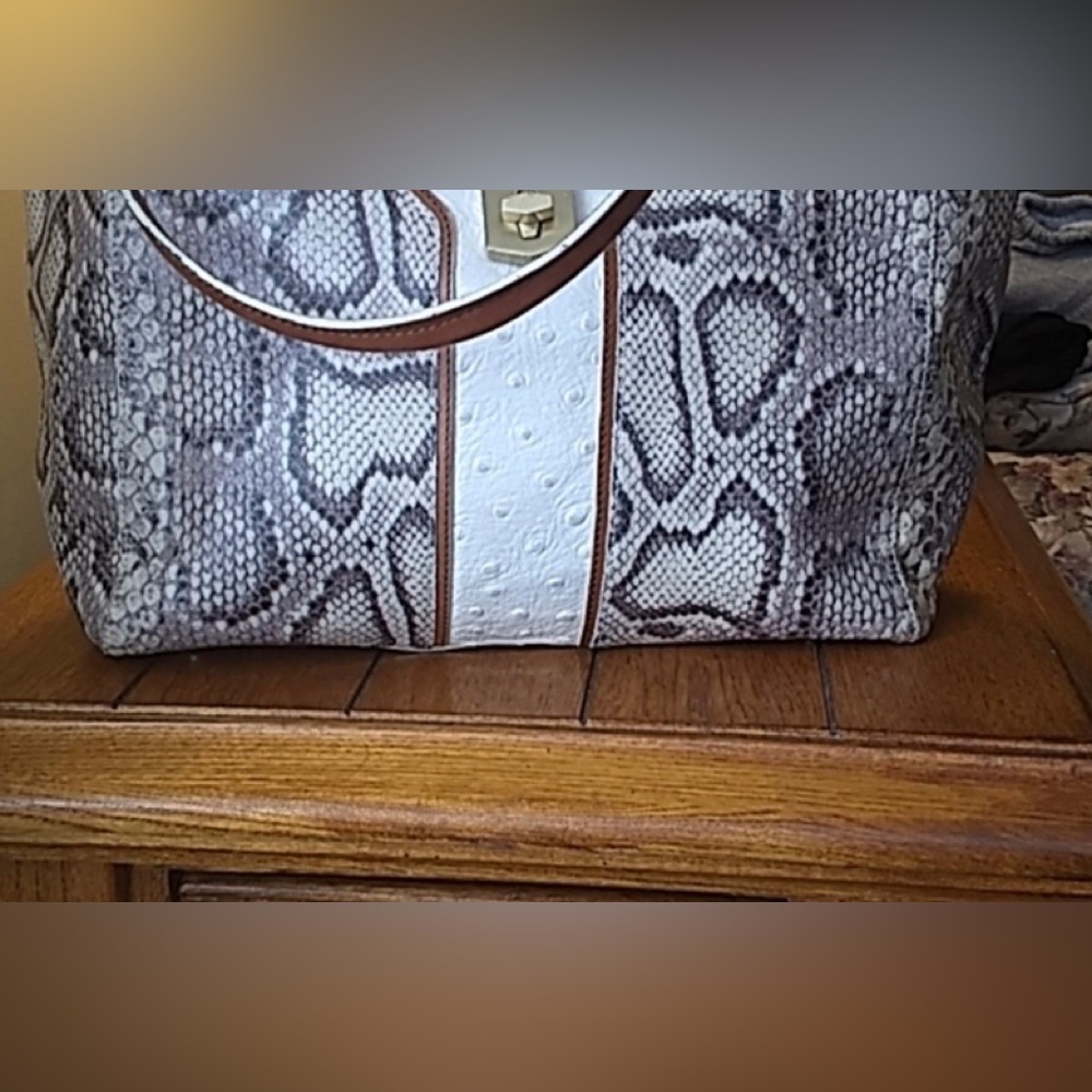 Brahmin cream/brown anaconda embossed leather w11 1/2, h 11”, d9 1/2.